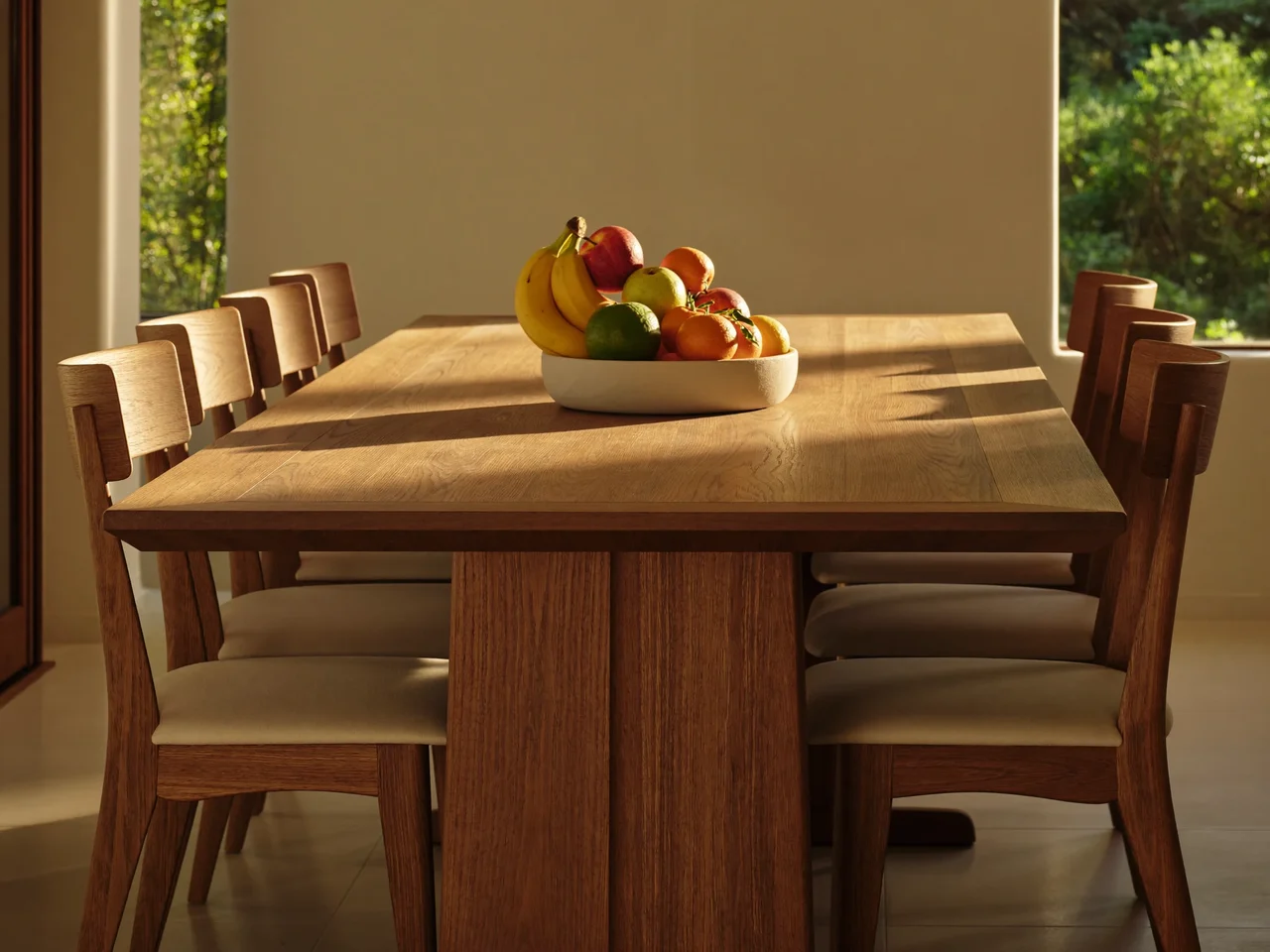 Table de salle à manger en chêne et six chaises, salle ensoleillée