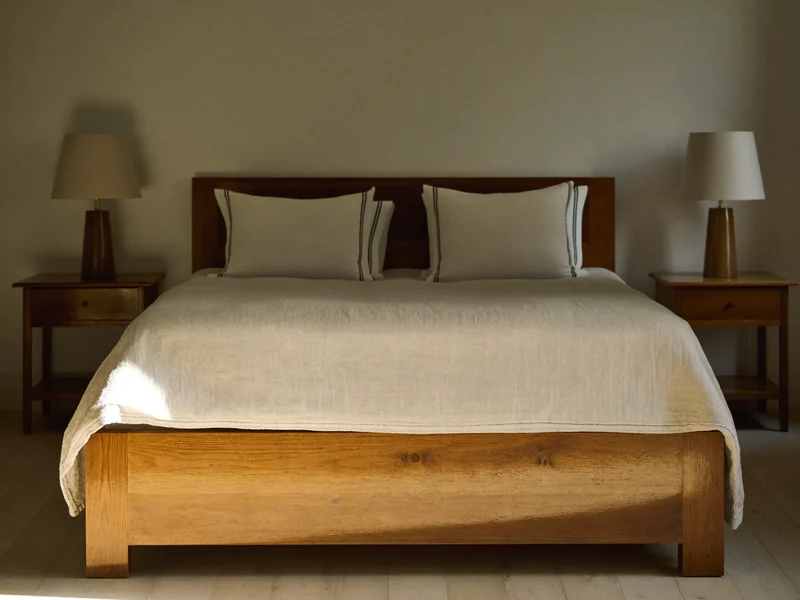 Lit en bois avec chevets assortis dans une chambre à la lumière douce