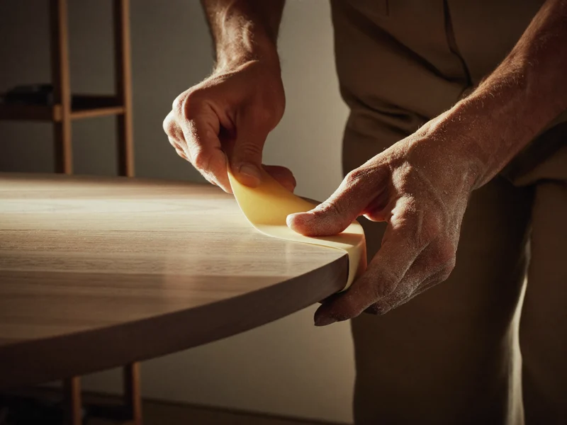Gros plan sur des mains qui poncent le bord d'un plateau en chêne
